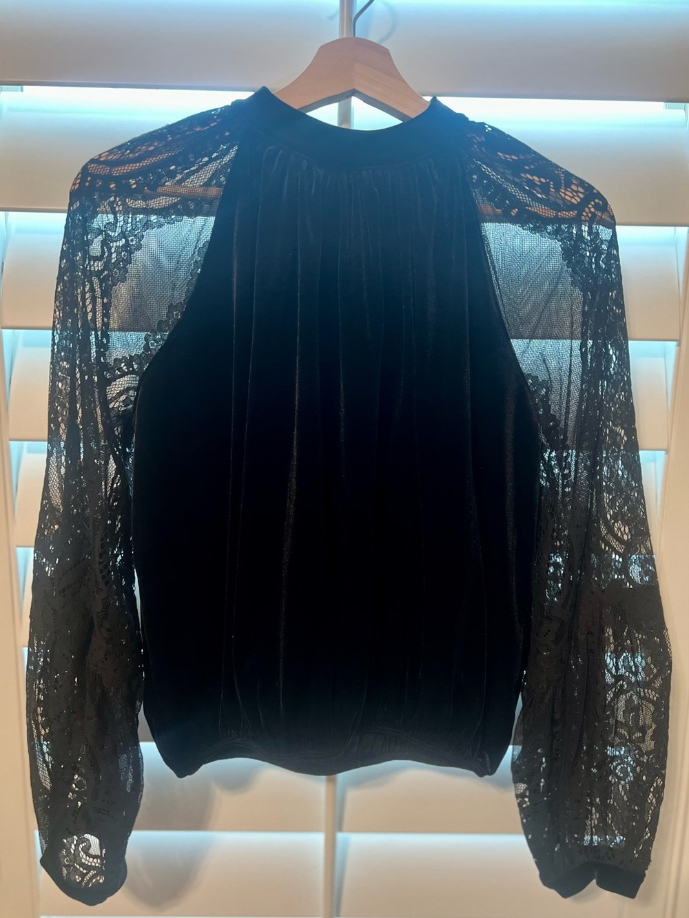 Free People Black Velvet Top with Lace Sleeves Size S